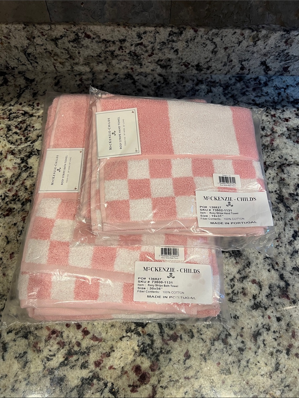 Mackenzie-Childs Rosy Stripe Bath Towel and Hand Towel. NWT.